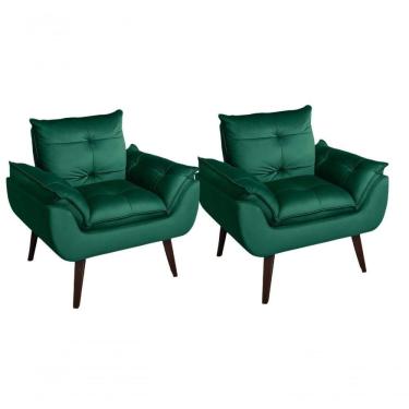 Imagem de Kit 02 Poltrona/cadeira Decorativa Glamour Opala Com Pés Quadrado Verde