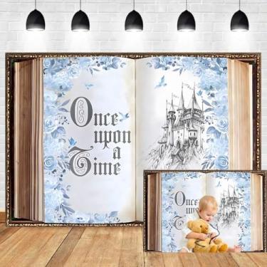 Imagem de Leyiyi Pano de fundo de livro de conto de fadas de 2,4 x 1,8 m Once Upon A Time, livro vintage, rosas azuis, floral, medieval, castelo de fundo para princesas, meninas, decoração de festa de
