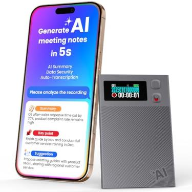 Imagem de Gravador de voz AI, cartão de reunião, gravador de áudio digital inteligente NEWYES Ailog, controle de aplicativo, transcrever e resumir, tradução de mais de 188 idiomas, 64 GB de memória, para