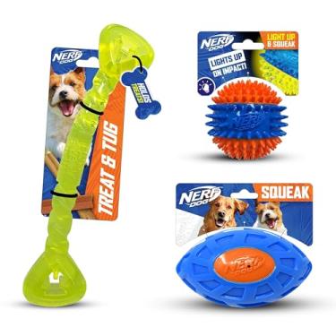 Imagem de Nerf Dog Conjunto de presente de brinquedo, conjunto de 3 peças de brinquedos para cães ao ar livre para puxar e buscar, inclui bola spike squeak, petisco puxão osso e futebol Exo Squeak