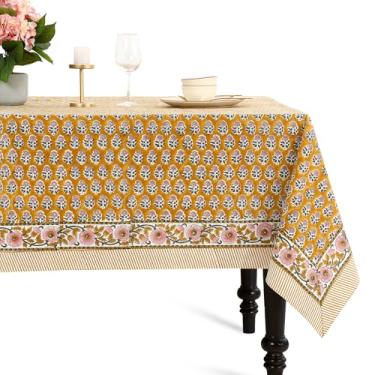 Imagem de CPC Toalha de mesa retangular 100% algodão, 203 x 300 cm, estampa em bloco indiano, toalha de mesa cinza para casamentos, primavera/verão, churrasco - citrino amarelo