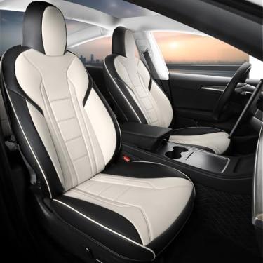 Imagem de Capa de assento personalizada para Tesla Model 3 2017-2023, capa de assento de carro de couro sintético conjunto completo de acessórios de protetor de assento automotivo preto e branco