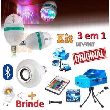 Imagem de Kit Iluminação Festa 3x1 Projetor Laser Efeitos Strobo Luz + Lampada M