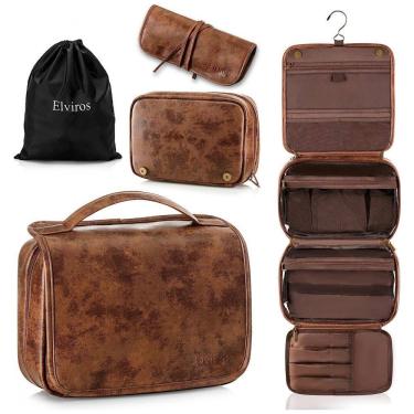 Imagem de Necessaire Masculina de Couro, 3 em 1, ELVIROS, Marrom Escuro