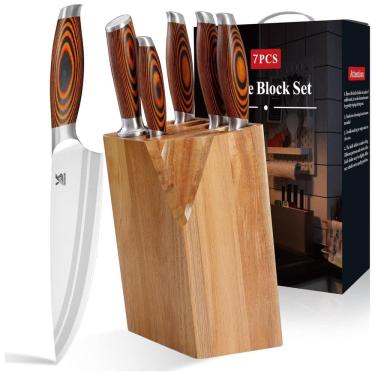 Imagem de Conjunto de Facas em Aço Inoxidável com Bloco de Bancada e Cabo Pakkawood, 7 Peças, MSY BIGSUNNY, Marrom