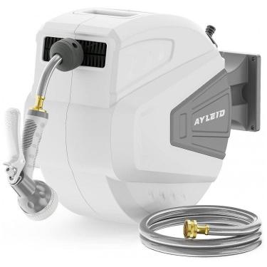 Imagem de Mangueira de Jadim 30M com Enrolador Retrátil, Bico Pulverizador de 9 Funções, Trava de Qualquer Comprimento e Sistema de Retorno Lento