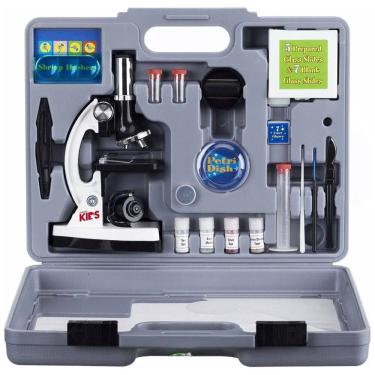 Imagem de Kit Microscópio de Metal 120X 1200X 5 com Maleta de Transporte, Luz LED para Crianças, AMSCOPE M30 ABS KT2 W, Branco