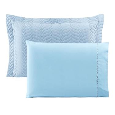 Imagem de Kit 2 Porta Travesseiros 80x55 + 2 Fronhas 70x50 Paris – Algodão 100% Percal 150 Fios – Maciez, Conforto e Acabamento Sofisticado - Azul Claro