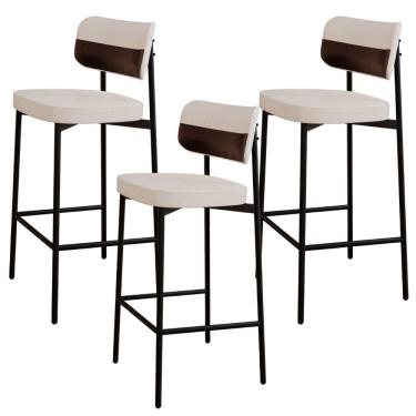 Imagem de Kit 03 Banquetas Alta Bar Cozinha Sala De Jantar Aço Preto Kaira C01 Linho Palha Courino Café - Lyam Decor