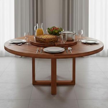Imagem de Mesa de Jantar Redonda 1,6M – Com Prato Giratório, Madeira Maciça, Envernizada