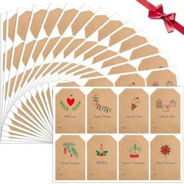 Imagem de Etiquetas de presente de Natal, 80 peças de adesivos de papel kraft com 8 designs para presentes de Natal, etiquetas autoadesivas de 5 x 7,6 cm para embrulhar