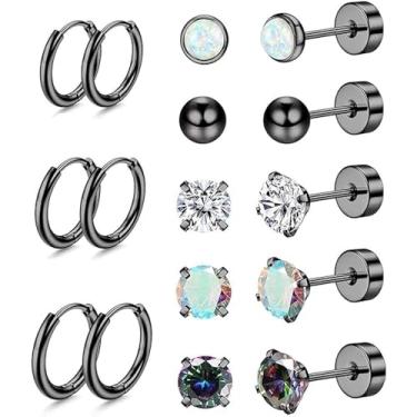 Imagem de CHARIFIN Conjunto de brincos de argola masculinos pretos hipoalergênicos, aço inoxidável, redondo, zircão, 8 pares de brincos de cartilagem de titânio, cor galvanizada, zircão, Aço inoxidável Zircônia