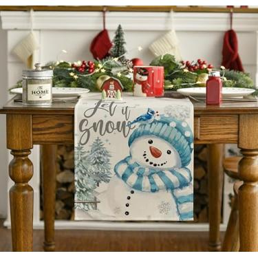 Imagem de Árvore de Natal azul neve boneco de neve caminho de mesa de Natal, decoração de mesa de jantar de cozinha de férias de inverno sazonal para decoração de festa em casa 33 x 182 centímetros