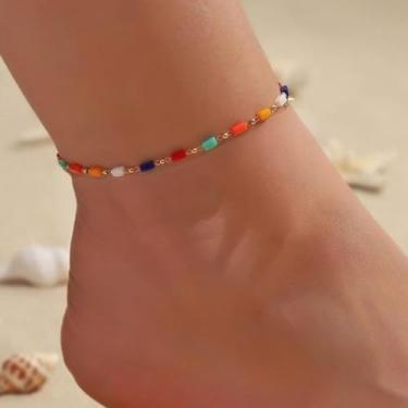 Imagem de Tornozeleira com contas de arroz coloridas - tornozeleira - JL22 imitação de cristal redondo colorido pérola, One size fits all, Metal