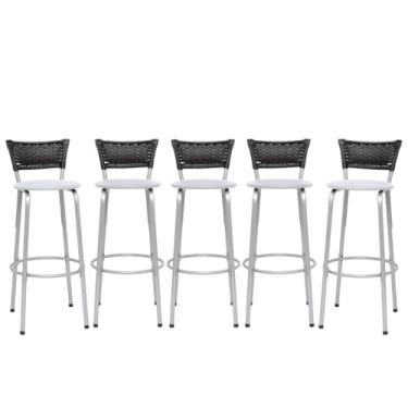 Imagem de Banqueta Altas Junco Preto Estrutura Prata 70cm Para Balcão Cozinha, Bar, Bistrô, Americano Kit 05 Unidades - Itagold (Assento Branco)