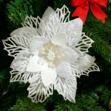 Imagem de YESKY Flores de poinsétia para árvore de Natal, 12 peças de flores de Natal com glitter, flores artificiais de poinsétia com clipes, hastes, enfeites de árvore de Natal para decoração de guirlanda de