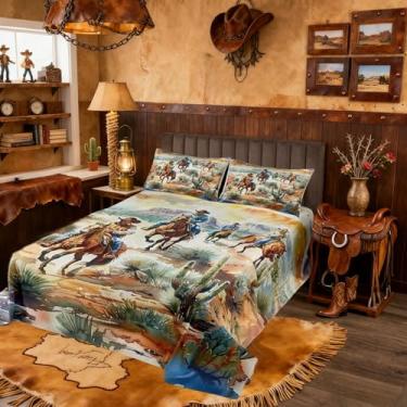 Imagem de Manfei Conjunto de colcha infantil de caubói ocidental, tamanho king, cacto do deserto, cavalo oeste, decoração de quarto de meninas e meninos, colcha acolchoada retrô tribal vintage, colcha de cama