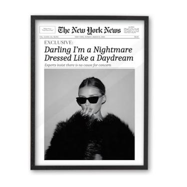 Imagem de iHery Arte de parede emoldurada de jornal de madeira de carvalho preto natural de 30,5 x 40,6 cm, Modern Darling I'm a Nightmare, decoração de parede em tela para dormitório feminino, quarto, sala de