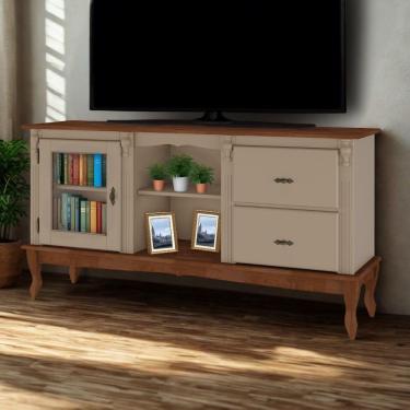 Imagem de Rack Para Tv 2 Gavetas 1 Porta E Nicho - Amêndoa Laca Com Tampo E Base Imbuia Glazer