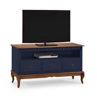 Imagem de Rack Para Sala 3 Gavetas E Nicho Pés Luis Xv - Azul Bic Com Tampo E Base Imbuia Glazer