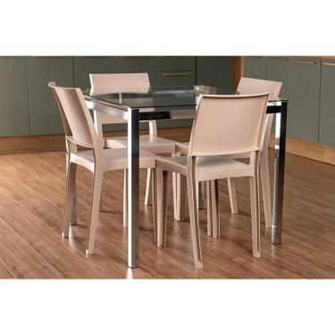 Imagem de Conjunto Mesa De Cozinha Reno Com Tampo De Vidro 90x90cm E 4 Cadeiras Hydra Plus Cromada Capuccino Kappesberg
