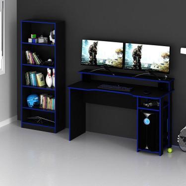 Imagem de Mesa E Armário Para Escritório Cool Mdp Preto/Azul