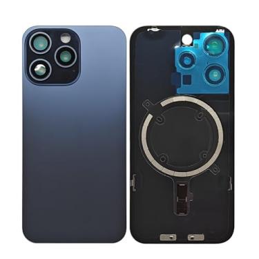 Imagem de 1 pçs/lote tampa de bateria de vidro para iPhone 15 Pro Max capa traseira substituição com peças pequenas placa de metal magnética para iPhone 15PM 2 em 1 Big Hole Back Glass Rear Door Case (azul)