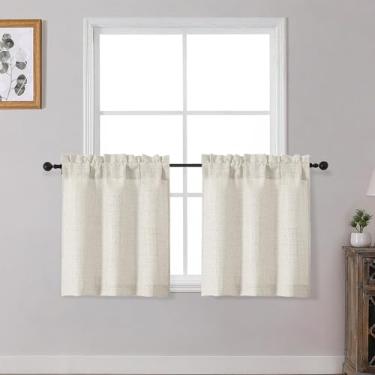 Imagem de OWENIE Cortinas de cozinha naturais sobre a pia 61 cm de comprimento, conjunto de 2 painéis, cortinas de café curtas texturizadas com filtragem de luz para janelas de banheiro, pequena cortina para