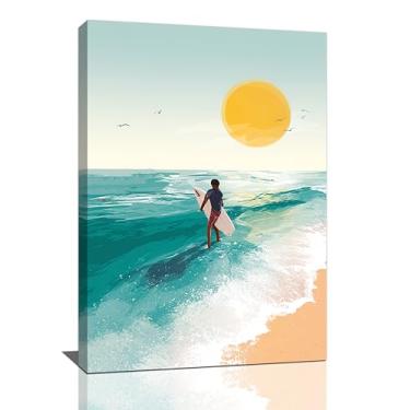 Imagem de Arte de parede de surfe na praia, oceano, onda, litoral, tela, decoração de parede, verão, natureza, paisagem marítima, pintura, impressão, emoldurado, decoração, para banheiro, sala de estar