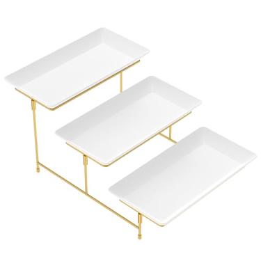 Imagem de Bandejas de plástico de 3 camadas para festas, exibição de pratos de 30,5 x 15,2 cm, bandejas brancas reutilizáveis com suporte de exibição de metal dourado para cupcakes, servir comida, sobremesa