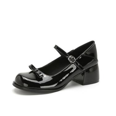 Imagem de YGJKLIS Tênis feminino de couro envernizado confortável bico redondo 5 cm salto baixo sem cadarço leve tira no tornozelo salto alto, Preto, 36