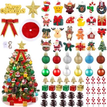 Imagem de Celltestria Kit de 75 peças de mini decorações de árvore de Natal, enfeites de Natal, miniatura, enfeites de resina para pendurar, saia de árvore pequena, enfeite de estrela com luz para decorações de
