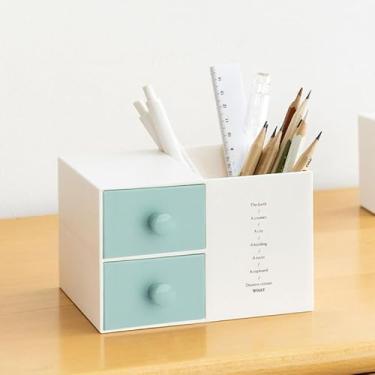 Imagem de Porta-lápis multifuncional, organizador de mesa com 2 gavetas – Armazenamento de mesa para material de escritório e cosméticos (azul)