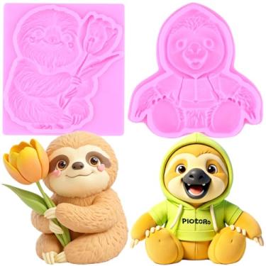 Imagem de MIYAHOUSE Moldes de silicone para fondant de preguiça para decoração de bolos, topo de cupcake, pasta de goma de chocolate, argila de polímero, conjunto de 2