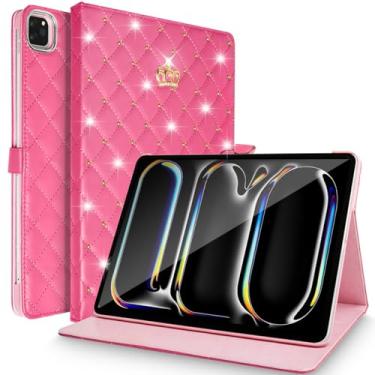 Imagem de AuroiCCY Capa para iPad Pro 27.9 cm (M4) 2024, couro PU à prova de choque inteligente despertar/hibernar, vários ângulos de visão, coroa feminina fofa diamante com suporte flip para iPad Pro 11, rosa