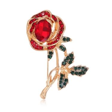 Imagem de QLYOVWE Broche de flor de rosa vermelha para mulheres e homens elegante flor de cristal broche de lapela retrô terno chapéu acessórios de vestido casamento dia dos namorados joias presente, Standard