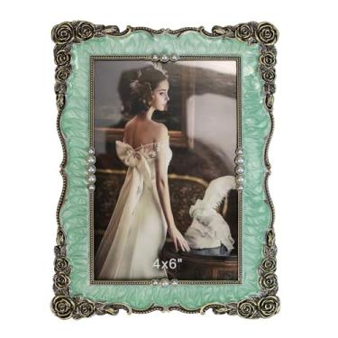 Imagem de Essovee Molduras vintage 10 x 15 cm, elegante moldura de metal antigo com entalhes intrincados de rosa e pérola roxa para fotos de casamento, retratos de presente exclusivo, decoração de casa, com