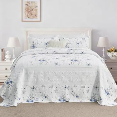 Imagem de CozyStitch Colcha de cama floral 259 x 304,8 cm, colcha queen grande, 100% algodão, conjunto de colcha queen grande com 2 fronhas, edredom acolchoado leve para fazenda, branco/azul/verde, 3 peças