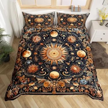 Imagem de Conjunto de capa de edredom de sol e lua para crianças, meninos, meninas, misteriosa, estrelada, galáxia, retrô, flores, plantas, preto, dourado, laranja, capa de edredom tamanho Queen com 2 fronhas