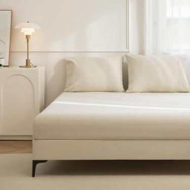 Imagem de JIYUAN Jogo de lençol Queen 100% algodão lavado, confortável, macio e respirável, lençol com elástico profundo (serve em colchões de até 43 cm) + 2 capas, bege mesclado