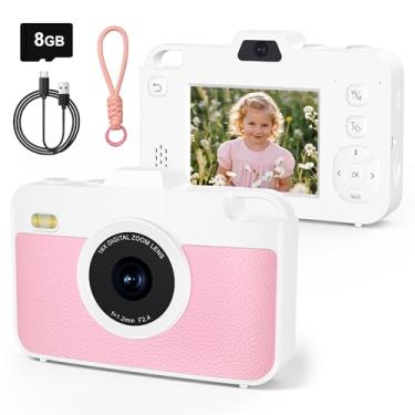 Imagem de Câmera digital para crianças, câmeras digitais de 48 MP 1080p com lente dupla, câmera pequena compacta com zoom de 16X para meninas e meninos, cartão TF de 8 GB, rosa