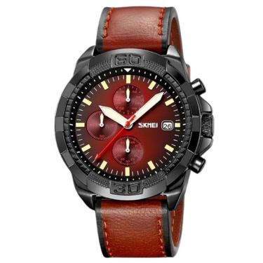 Imagem de Relógio De Quartzo Masculino Pulseira De Couro Genuíno Multifuncional 3atm Impermeável Vermelho