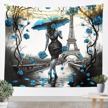 Imagem de Tapeçaria para meninas pretas Torre Eiffel de Paris Tapeçaria romântica para quarto de meninas americanas com estampa floral rosa grande 140 x 203 cm, arte de parede para pendurar rosa azul para
