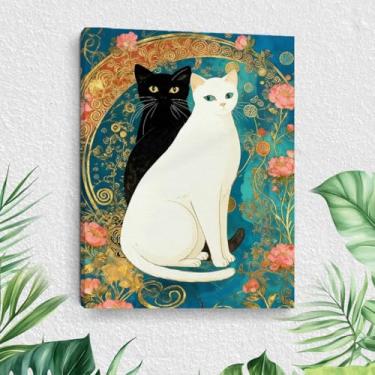 Imagem de Arte de parede em tela de gato preto e branco, pinturas coloridas emolduradas, decoração de parede, imagem artística para amantes de gatos para sala de estar, sala de jantar, decoração de casa para