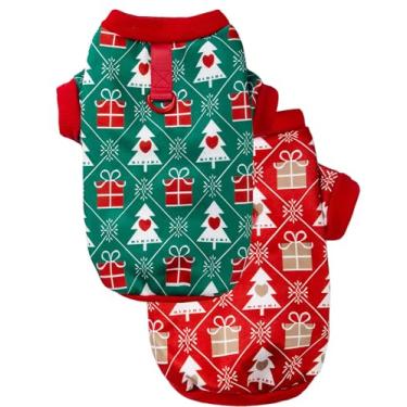 Imagem de Impoosy 2 peças de fantasia de Natal para cães com chapéu, camisetas divertidas de Papai Noel, roupas de Natal para animais de estimação, festa de Natal, camisa quente de inverno (G)