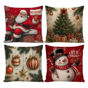Imagem de Kit 4 Capas de Almofadas Natalinas Decorativas 45x45cm Feliz Natal Sala Quarto e Decoração(PAPAI NOEL CHAMINÉ-1038)