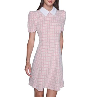 Imagem de KARL LAGERFELD Minivestido feminino de manga curta com gola de tweed evasê, Coral quente branco macio, 48