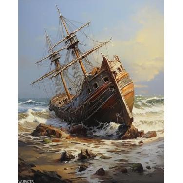 Imagem de Kits de pintura por números em tela, naufrágio antigo em uma praia oceânica, sem moldura DIY pintura a óleo tintas acrílicas, presente de decoração de parede para casa, 40 x 50 cm
