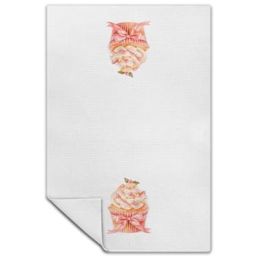 Imagem de Exqcom Toalhas de cozinha de panificação, presentes de padeiro para mulheres, panos de prato de chá para decoração de cozinha, padaria, toalha de mão decorativa de cupcake, laço rosa, 40,6 x 61 cm