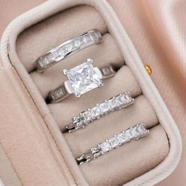 Imagem de Lindo conjunto de anéis e brincos de argola de zircônia cúbica corte princesa 2 peças para mulheres, 7, Latão, Zircônia cúbica